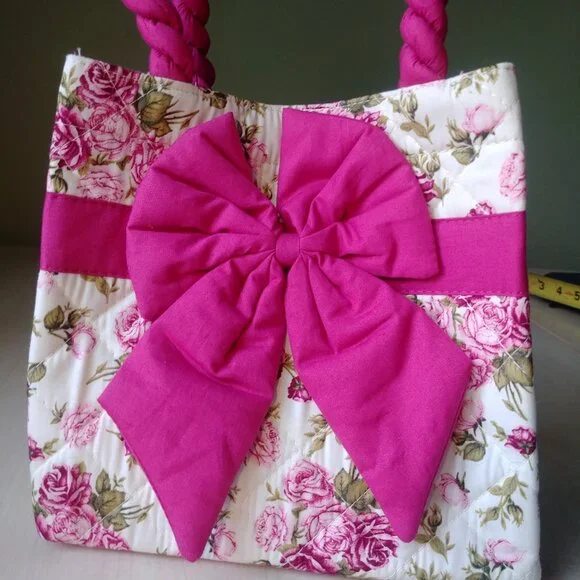 100% cotton white with pink and green floral pattern tote bag - Picture 2 of 13